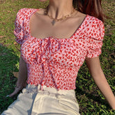 Sexy Puff Sleeve Square Collar Butterfly Printed Shirt